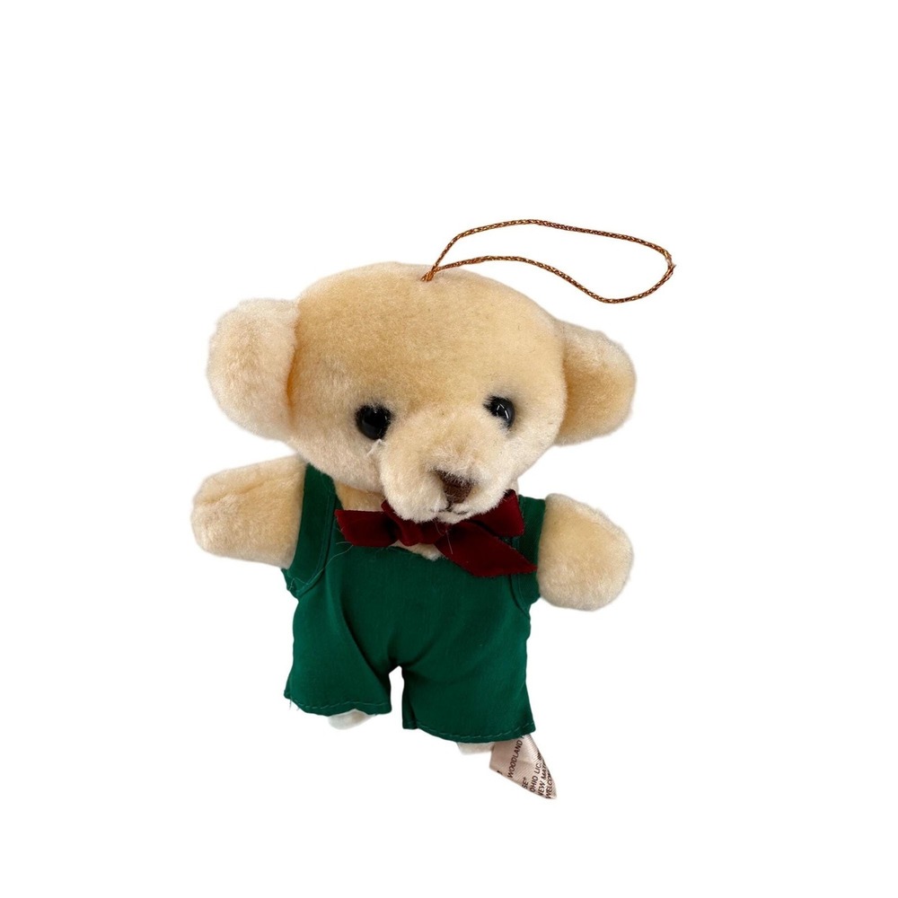 Vintage Applause Teddy Bear 1988 Ornament Green Overalls Red‎ Bowtie Christmas